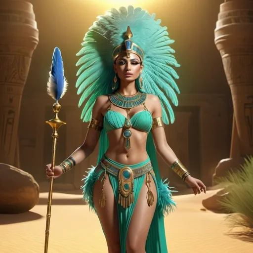 Prompt: HD 4k 3D, 8k, hyper realistic, professional modeling, ethereal Egyptian Goddess Amuket, gorgeous glowing light skin, green hair, goddess clothing and jewelry, headdress of ostrich feathers, full body, carrying a sceptre, riding a gazelle, magical landscape, surrounded by ambient divine glow, detailed, elegant, mythical, surreal dramatic lighting, majestic, goddesslike aura