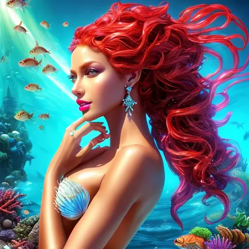 Prompt: HD 4k 3D 8k professional modeling photo hyper realistic beautiful woman ethereal greek goddess Ethiopian mermaid
red locs hair gorgeous face sea jewelry  sea headpiece mermaid tail full body surrounded by ambient glow hd landscape beautiful vibrant seascape fish and crabs and lobsters
