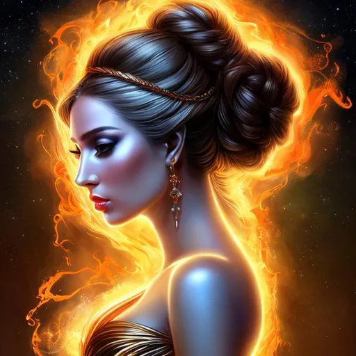 Prompt: HD 4k 3D, hyper realistic, professional modeling, ethereal Greek goddess of Volcanoes, black double braided buns hair, fair skin, gorgeous face, gorgeous fiery gown, fiery jewelry and tiara of flame, nymph, full body, ambient glow, volcano, landscape, detailed, elegant, ethereal, mythical, Greek, goddess, surreal lighting, majestic, goddesslike aura