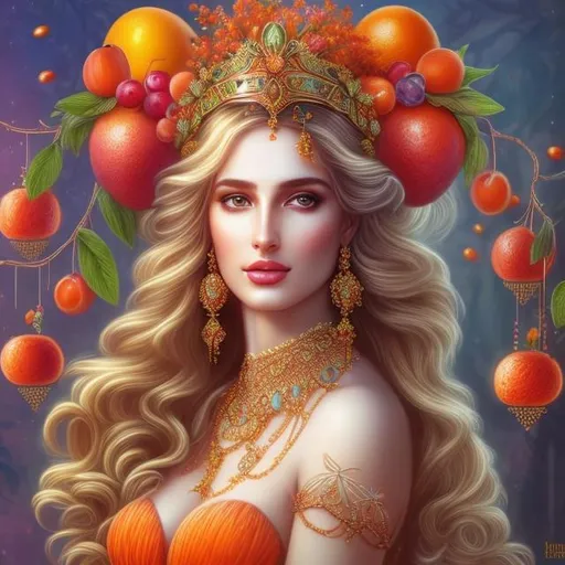 Prompt: HD 4k 3D, hyper realistic, professional modeling, ethereal Greek goddess of fruits, orange ombre hair, white skin, embroidered gown, gorgeous face, colorful jewelry and tiara, full body, ambient glow, beautiful goddess surrounded by fruits in spring, fruits and springtime,  detailed, elegant, ethereal, mythical, Greek, goddess, surreal lighting, majestic, goddesslike aura