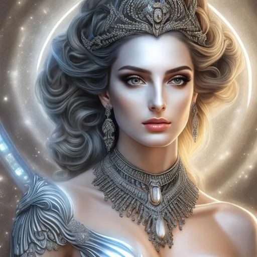 Prompt: HD 4k 3D, hyper realistic, professional modeling, ethereal Greek goddess, silver and black hair, pale skin, shining silver gown, gorgeous face, shining jewelry and diadem, full body, ambient glow, glorious starry light, beautiful goddess with ram horns, fiery, detailed, elegant, ethereal, mythical, Greek, goddess, surreal lighting, majestic, goddesslike aura