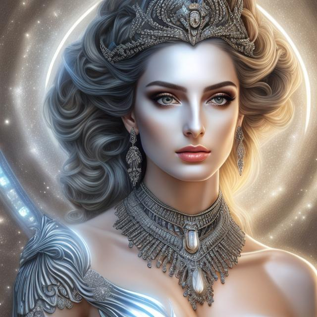 Prompt: HD 4k 3D, hyper realistic, professional modeling, ethereal Greek goddess, silver and black hair, pale skin, shining silver gown, gorgeous face, shining jewelry and diadem, full body, ambient glow, glorious starry light, beautiful goddess with ram horns, fiery, detailed, elegant, ethereal, mythical, Greek, goddess, surreal lighting, majestic, goddesslike aura