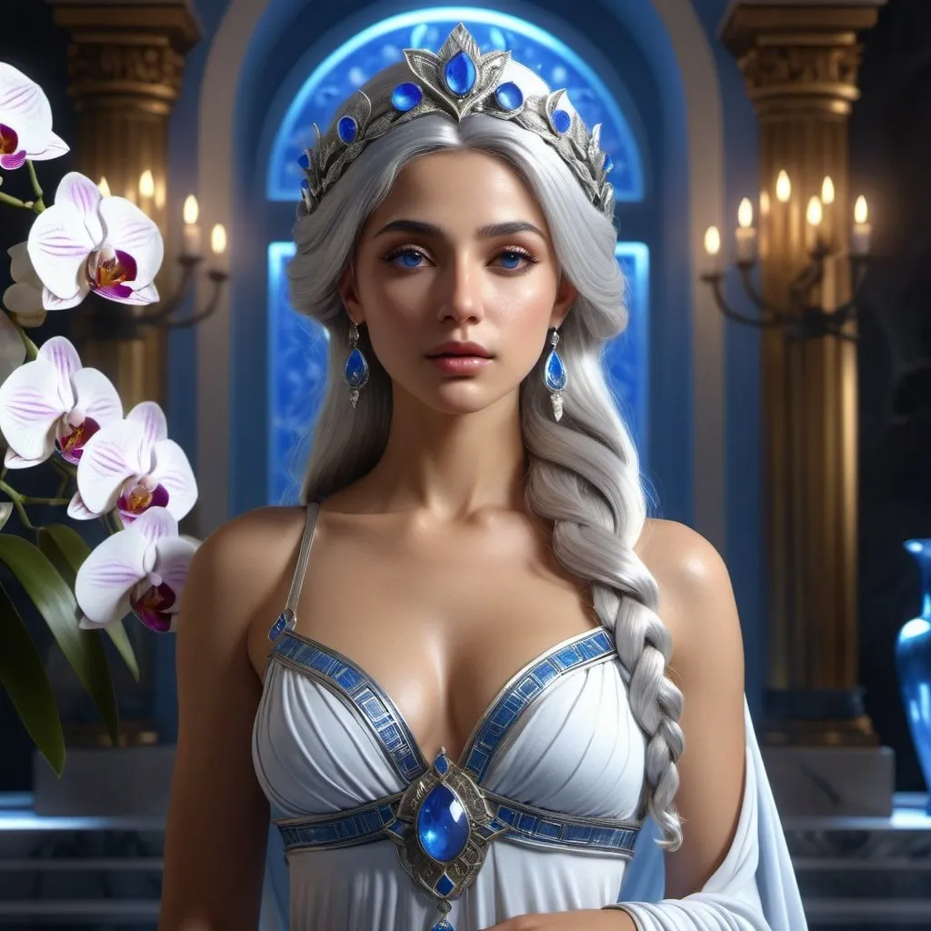 Prompt: HD 4k 3D, 8k, hyper realistic, professional modeling, ethereal Greek Goddess and Cretan Princess, silver hair, mixed skin, gorgeous glowing face, blue and white dress, brown jewelry and diadem, bright and shining, orchids, Goddess of Love, surrounded by ambient divinity glow, detailed, elegant, mythical, surreal dramatic lighting, majestic, goddesslike aura