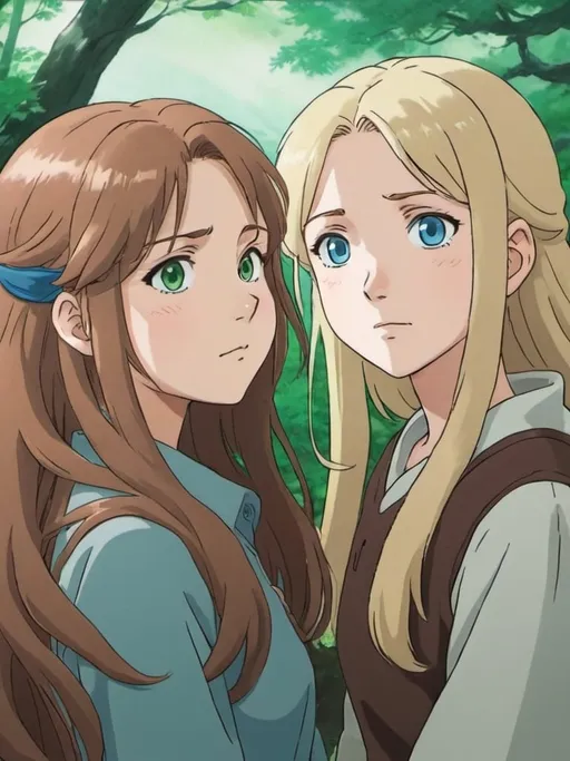 Prompt: 2d studio ghibli anime style, long brown-haired woman with blue eyes, long blonde-haired woman with green eyes, anime scenery