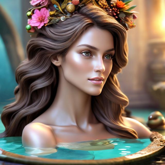 Prompt: HD 4k 3D 8k professional modeling photo hyper realistic beautiful woman ethereal greek goddess sea nymph
chestnut brown hair olive skin gorgeous face dolphin jewelry dolphin crown mermaid tail full body surrounded by ambient glow hd landscape a beautiful peaceful ornate fountain

