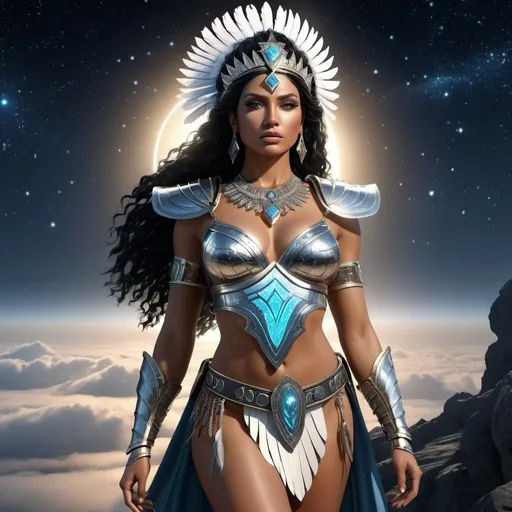 Prompt: HD 4k 3D, 8k, hyper realistic, professional modeling, ethereal Greek Goddess and Amazonian Warrior, black hair, mixed skin, gorgeous glowing face, Amazonian Warrior armor, silver hematite jewelry and crown, Amazon warrior, tattoos, full body, mountain top starry sky, adorned with silver feathers, strong, surrounded by ambient divine glow, detailed, elegant, mythical, surreal dramatic lighting, majestic, goddesslike aura