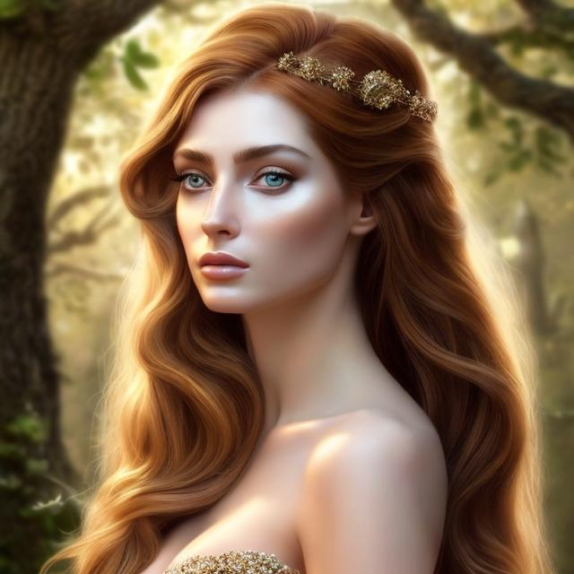 Prompt: HD 4k 3D, hyper realistic, professional modeling, ethereal  Greek goddess of oak,auburn hair, pale skin, gorgeous face, gorgeous tree dress, tree jewelry and oak handband, full body, ambient glow, oak tree nymph, landscape, detailed, elegant, ethereal, mythical, Greek, goddess, surreal lighting, majestic, goddesslike aura