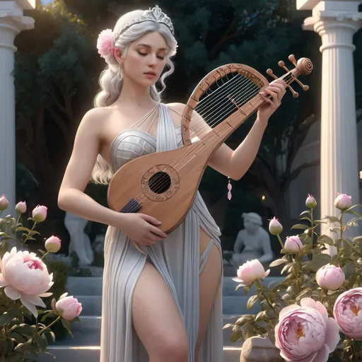 Prompt: HD 4k 3D, hyper realistic, professional modeling, ethereal Greek Muse of Middle Chord of the Lyre, bright silver hair, fair skin, gorgeous face, grecian lace dress, rose quartz jewelry and headband, full body, curvy figure, playing instrument, peony garden, dawn, detailed, elegant, ethereal, mythical, Greek, goddess, surreal lighting, majestic, goddesslike aura