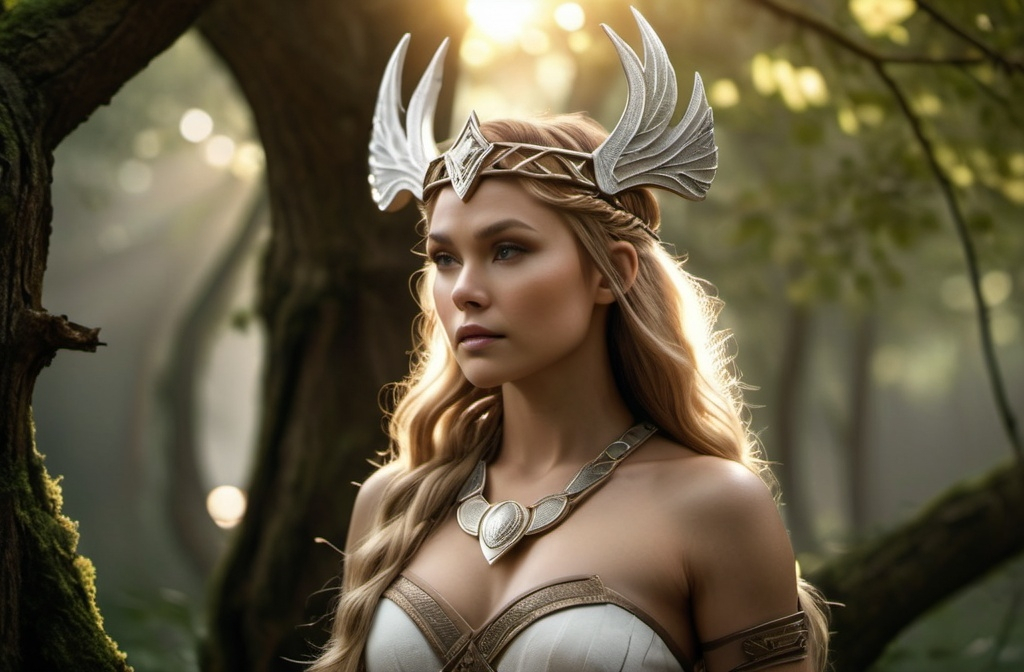 Prompt: Hlin Norse Valkyrie Goddess of Protection, hyper realistic, HD 4k 3D, professional modeling, ethereal, light brown half up hair, mixed skin, gorgeous face, gorgeous jewelry and diadem, full body, in a grove of old trees, ambient glow, detailed, elegant, ethereal, mythical, goddess, moody lighting, majestic, goddesslike aura, Norse Mythology