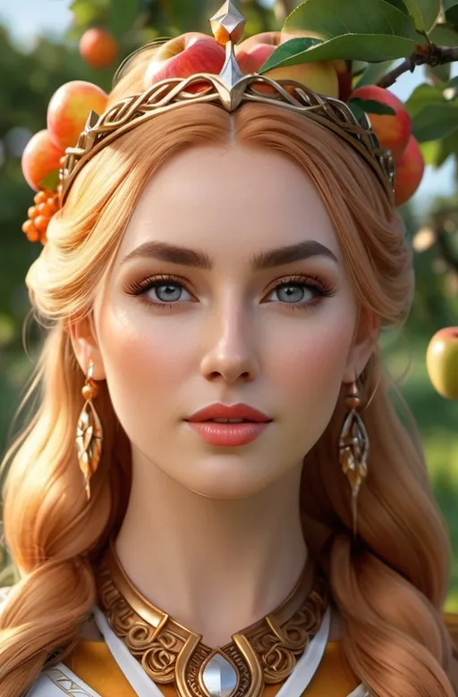 Prompt: Idunn Norse Goddess of apples and youth, hyper realistic, HD 4k 3D, professional modeling, ethereal, bright orange ponytail hair, medium skin, gorgeous face, gorgeous jewelry and crown, Valkyrie, in an apple orchard, ambient divine glow, detailed and intricate, elegant, ethereal, mythical, goddess, radiant lighting, majestic, goddesslike aura, Norse Viking Mythology