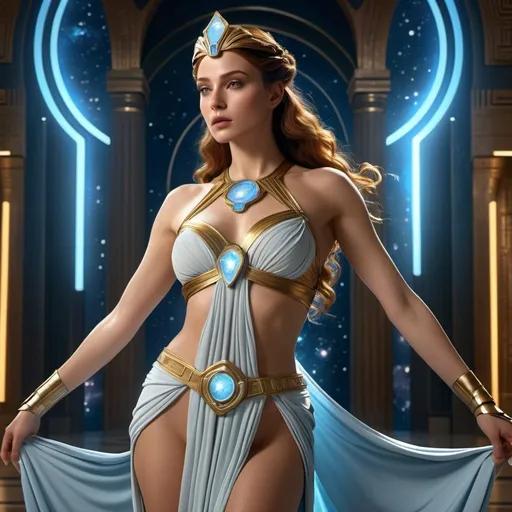 Prompt: HD 4k 3D 8k professional modeling photo hyper realistic beautiful woman Sci-Fi Space Princess ethereal greek goddess gorgeous face full body surrounded by ambient glow, cosmic, enchanted, magical, detailed, highly realistic woman, high fantasy Naboo background, elegant, mythical, surreal lighting, majestic, goddesslike aura, Annie Leibovitz style 

