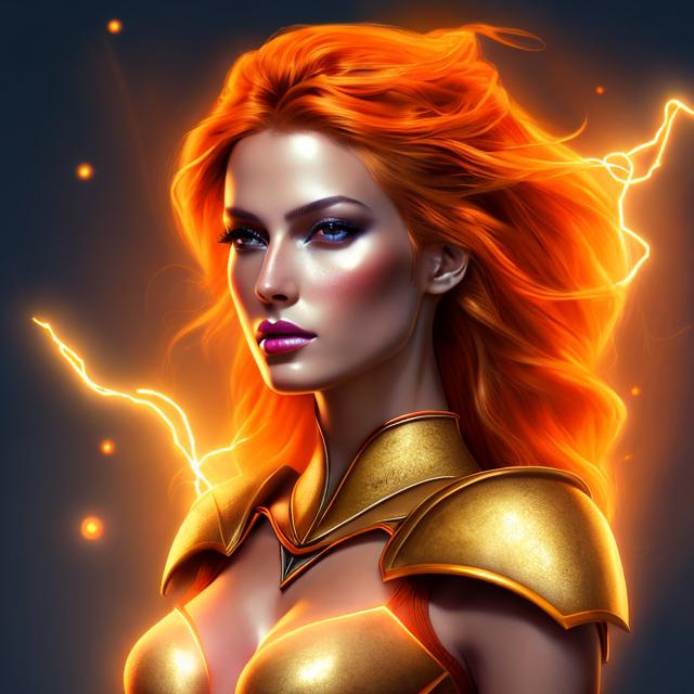 Prompt: HD 4k 3D 8k professional modeling photo hyper realistic beautiful  woman ethereal greek goddess of lightning
red orange and yellow hair tan skin gorgeous face shining gold armor shield gold jewelry lightning headpiece pixie wings full body surrounded by ambient  glow hd landscape power of lighting in the sky 

