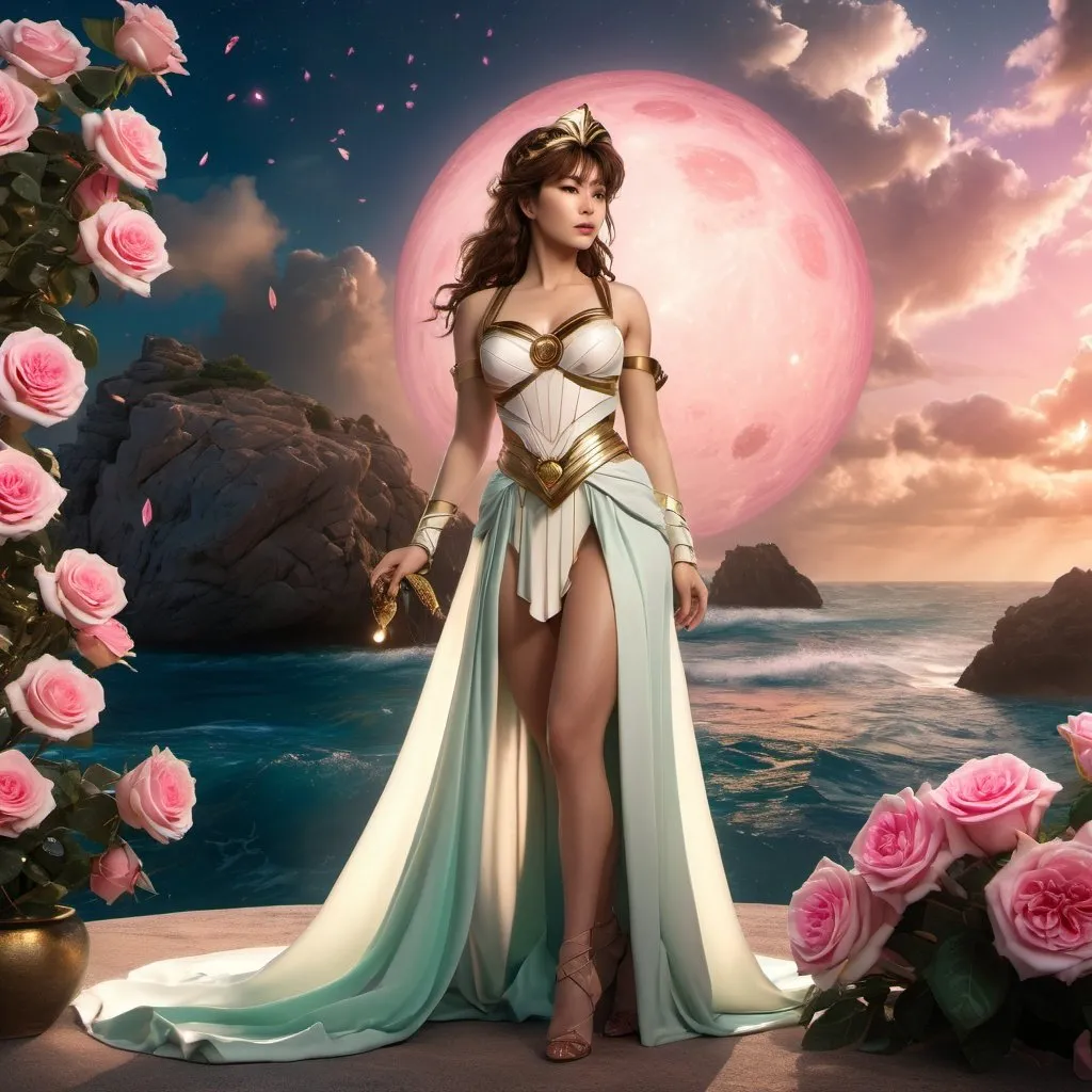 Prompt: HD 4k 3D 8k professional modeling photo hyper realistic beautiful woman enchanted Jupiter Princess Makoto, ethereal greek goddess, full body surrounded by ambient glow, magical, highly detailed, intricate, beautiful Sailor Jupiter style, Jupiter, pink roses and thunder and lighting atmosphere, outdoor landscape, highly realistic woman, high fantasy background, elegant, mythical, surreal lighting, majestic, goddesslike aura, Annie Leibovitz style 

