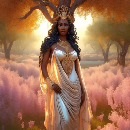 Prompt: HD 4k 3D, hyper realistic, professional modeling, ethereal  Greek goddess of poplar trees, white hair, dark skin, gorgeous face, gorgeous tree dress, copper jewelry and diadem, full body, ambient radiant glow, shepherd of cows in orchard, landscape, detailed, elegant, ethereal, mythical, Greek, goddess, surreal lighting, majestic, goddesslike aura