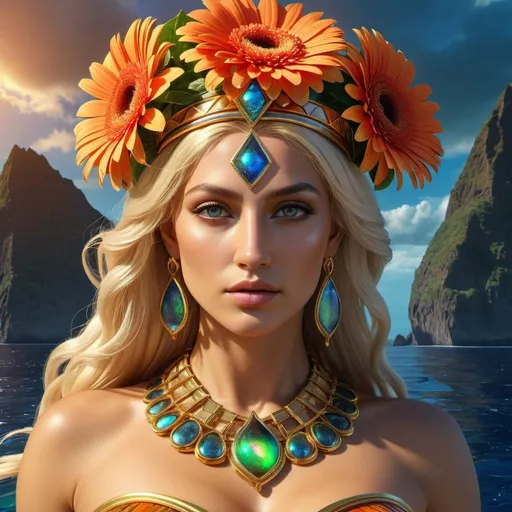 Prompt: HD 4k 3D, 8k, hyper realistic, professional modeling, ethereal Greek Goddess and Queen of the Amazons, blonde hair, fair skin, gorgeous glowing face, Amazonian Warrior, ammolite jewelry and diadem, Amazon warrior on ship at sea,  adorned with gerbera flowers, strong, powerful, leader, surrounded by ambient divine glow, detailed, elegant, mythical, surreal dramatic lighting, majestic, goddesslike aura