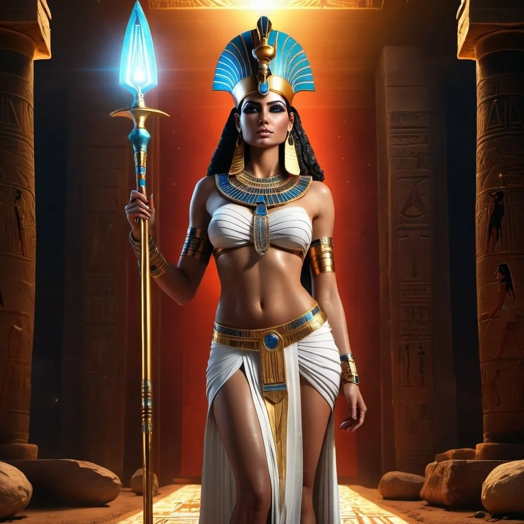 Prompt: HD 4k 3D, 8k, hyper realistic, professional modeling, ethereal Egyptian Goddess Amunet, gorgeous glowing skin, primordial goddess clothing and jewelry, red crown, full body, carrying a staff, "the hidden one", mysterious dark landscape, surrounded by ambient divine glow, detailed, elegant, mythical, surreal dramatic lighting, majestic, goddesslike aura