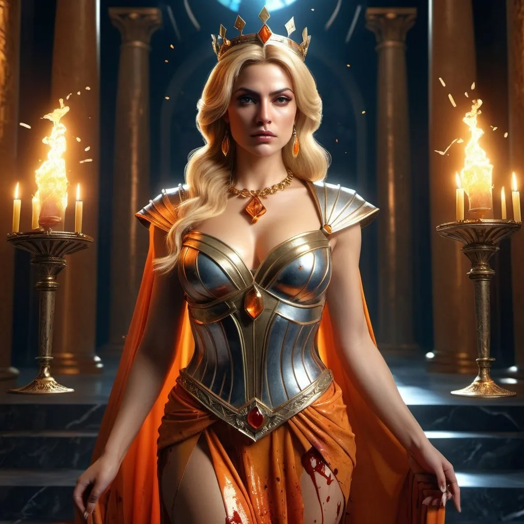 Prompt: HD 4k 3D, 8k, hyper realistic, professional modeling, ethereal Greek Goddess Spartan Princess, blonde hair, medium skin, gorgeous glowing face, regal colorful dress, orange gemstone jewelry and tiara, evil queen, holding dagger, bloody splatter, surrounded by ambient divinity glow, detailed, elegant, mythical, surreal dramatic lighting, majestic, goddesslike aura