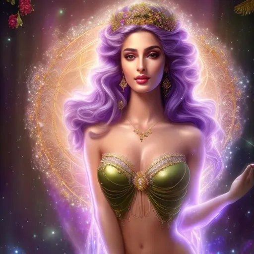 Prompt: HD 4k 3D, hyper realistic, professional modeling, ethereal Greek goddess of good cheer and happiness, purple hair, olive skin, dancing gown, gorgeous face, party jewelry and diadem, full body, ambient glow, joyful, merry, mirth, Spring background, detailed, elegant, ethereal, mythical, Greek, goddess, surreal lighting, majestic, goddesslike aura
