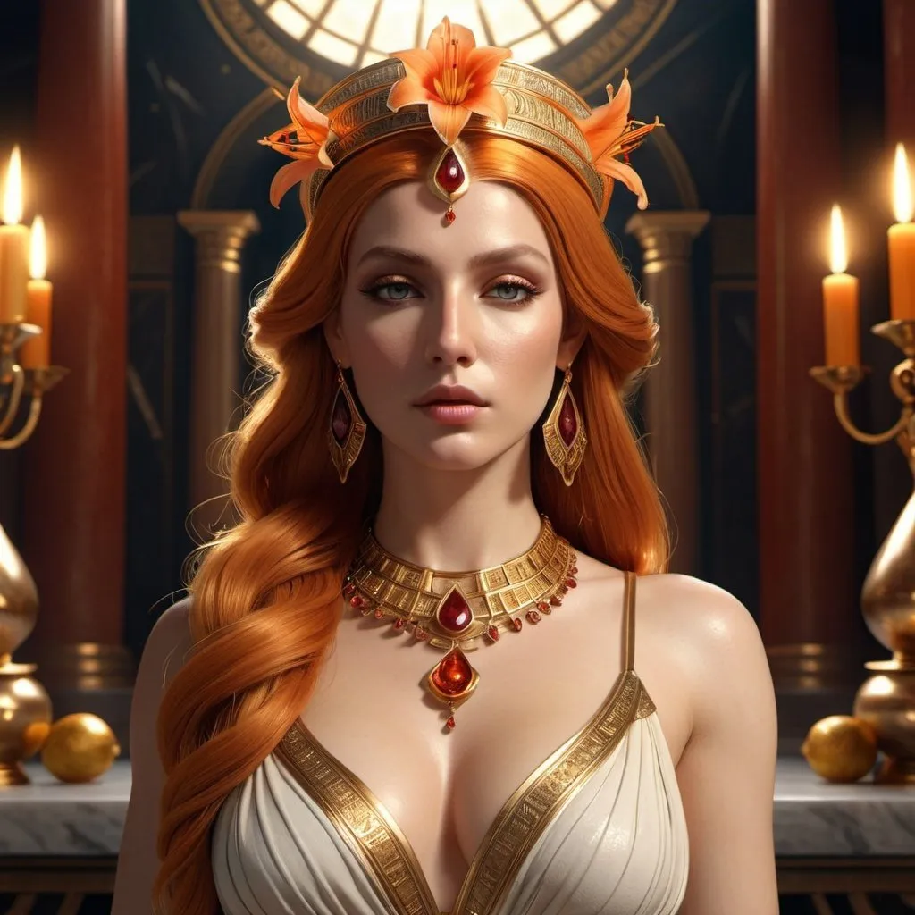 Prompt: HD 4k 3D, 8k, hyper realistic, professional modeling, ethereal Greek Goddess Queen of Thebes, orange hair, ivory skin, gorgeous glowing face, priestess dress, red gemstone jewelry and diadem,= oracle, palace, amaryllis flowers, surrounded by ambient divinity glow, detailed, elegant, mythical, surreal dramatic lighting, majestic, goddesslike aura