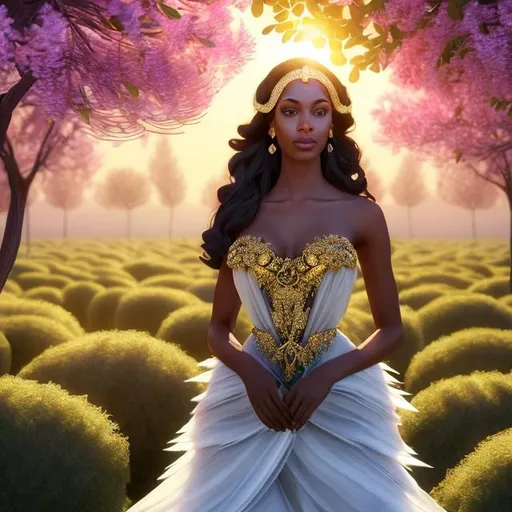 Prompt: HD 4k 3D, hyper realistic, professional modeling, ethereal  Greek goddess of fruit trees, shiny black hair, brown skin, gorgeous face, gorgeous tree dress, shining jewelry and tiara, full body, ambient shining glow, flock of sheep in orchard, landscape, detailed, elegant, ethereal, mythical, Greek, goddess, surreal lighting, majestic, goddesslike aura