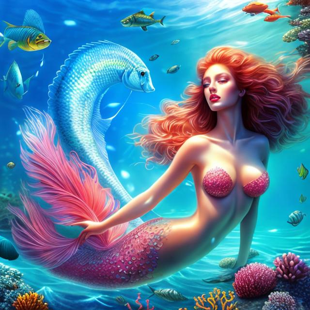 Prompt: HD 4k 3D 8k professional modeling photo hyper realistic beautiful woman ethereal greek goddess Asian sea nymph Oceanid
red hair pale skin gorgeous face ocean jewelry sea headband colored mermaid tail full body surrounded by ambient glow hd landscape under the pacific ocean mermaid 

