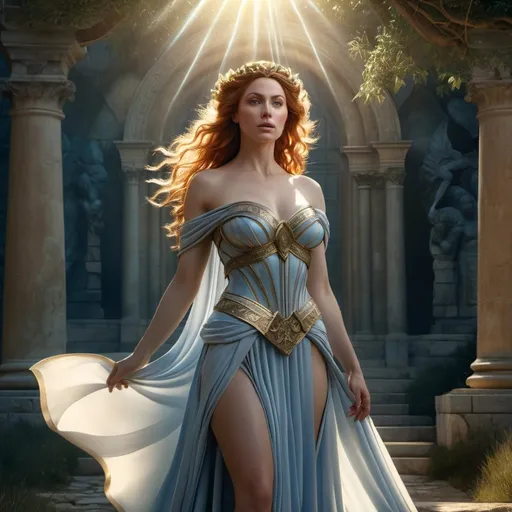 Prompt: HD 4k 3D 8k professional modeling photo hyper realistic beautiful woman enchanted Princess Cordelia of France, ethereal greek goddess, full body surrounded by ambient glow, magical, highly detailed, intricate, leading French army, brave and good, outdoor landscape, high fantasy background, elegant, mythical, surreal lighting, majestic, goddesslike aura, Annie Leibovitz style 

