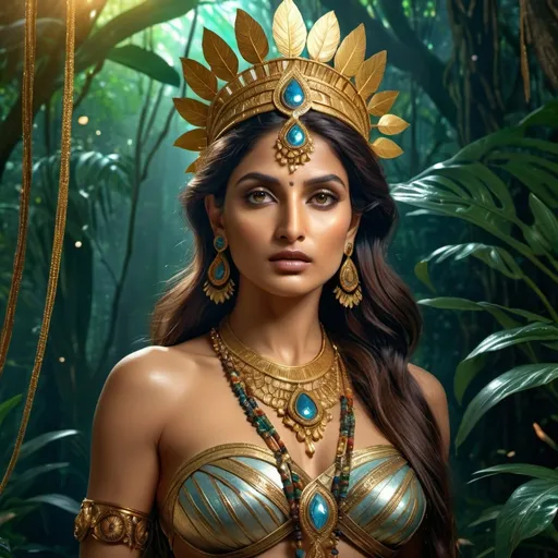 Prompt: HD 4k 3D 8k professional modeling photo hyper realistic beautiful woman Indian Princess ethereal greek goddess, myth and magic goddess, full body surrounded by ambient glow, covered in jewels, enchanted, magical, highly detailed, intricate, highly realistic woman, high fantasy background, indian jungle afterlife, elegant, mythical, surreal lighting, majestic, goddesslike aura, Annie Leibovitz style 

