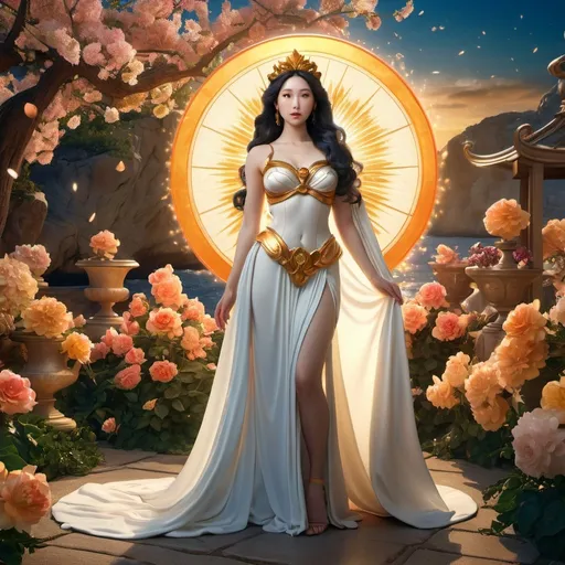 Prompt: HD 4k 3D 8k professional modeling photo hyper realistic beautiful woman enchanted Venus Princess Minako, ethereal greek goddess, full body surrounded by ambient glow, magical, highly detailed, intricate, beautiful Sailor Venus style, Venus, colorful flowers, light manipulation effect, outdoor landscape, highly realistic woman, high fantasy background, elegant, mythical, surreal lighting, majestic, goddesslike aura, Annie Leibovitz style 

