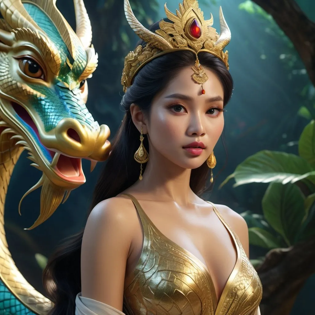 Prompt: HD 4k 3D, hyper realistic, professional modeling, enchanted Southeast Asian Princess - Raya, beautiful, magical, detailed, highly realistic woman, high fantasy background, Vietnam, Asian dragon, elegant, ethereal, mythical, Greek goddess, surreal lighting, majestic, goddesslike aura, Annie Leibovitz style 