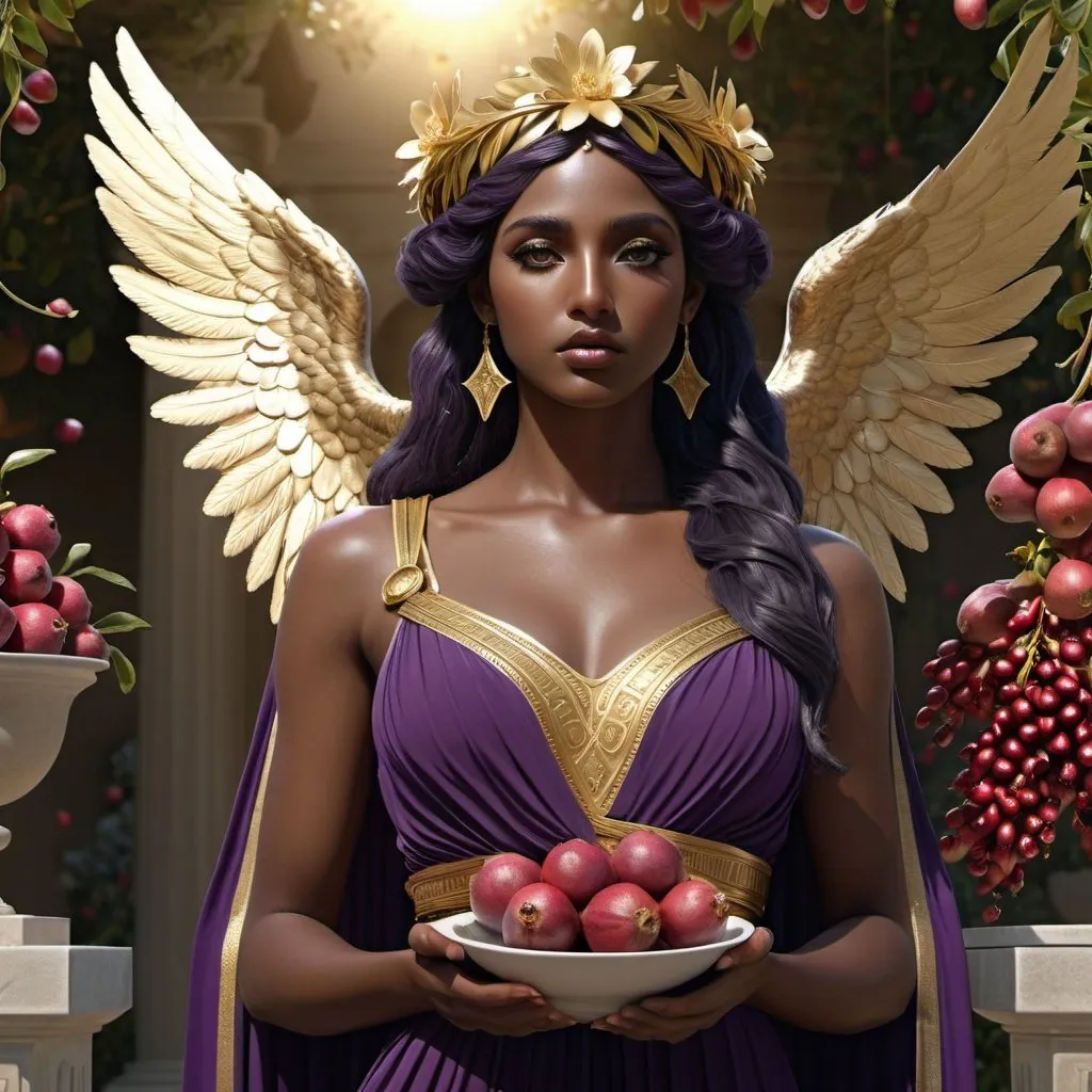 Prompt: HD 4k 3D, hyper realistic, professional modeling, ethereal Greek Goddess of Youth, dark purple hair, black skin, gorgeous face,  grecian sleeveless dress, gold jewelry and floral headband, full body, wings,  eternal youth and beauty, cup-bearer, eagle companion, pomegranates, and blooming floral garden, detailed, elegant, ethereal, mythical, Greek, goddess, surreal lighting, majestic, goddesslike aura