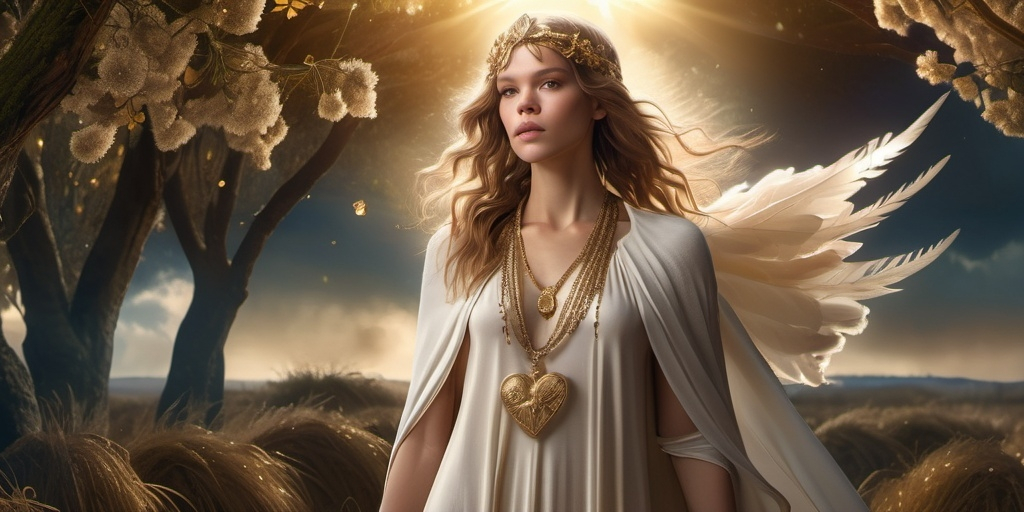 Prompt: Freja Norse Goddess of Love, beauty and gold,  hyperrealistic, HD 4k 3D 8k professional modeling photo, beautiful mixed tone maiden, enchanted, lady wears a feathered cloak and a beautiful necklace, surrounded by ambient glow in heavenly field, magical, highly detailed, intricate, mythical background, elegant, surreal lighting, majestic, goddesslike aura