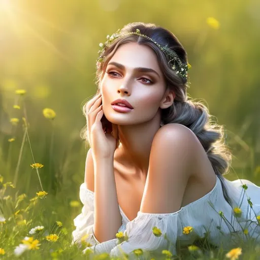 Prompt: HD 4k 3D 8k professional modeling photo hyper realistic beautiful woman ethereal greek goddess of excuses
gray french braid hair green eyes brown skin gorgeous face shimmering dress shiny jewelry headband laying in meadow full body surrounded by ambient glow hd landscape background she is lazing in a summer meadow bathed in sunshine with goats
