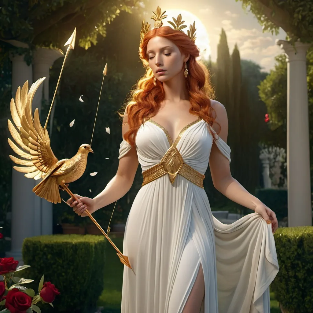 Prompt: HD 4k 3D, hyper realistic, professional modeling, ethereal Greek Muse of Lyric Poetry, light red hair, olive skin, gorgeous face, grecian gossamer gown, topaz jewelry and myrtle crown, full body, lovely, holding gold arrow, in rose garden, romantic, turtle doves,  detailed, elegant, ethereal, mythical, Greek, goddess, surreal lighting, majestic, goddesslike aura