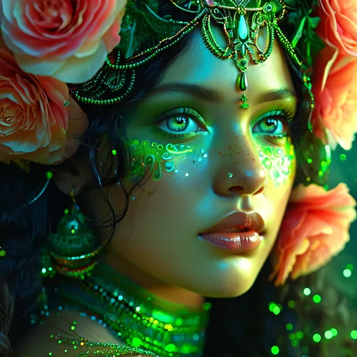 Prompt: Rumina, Ancient Green Goddess of Motherhood, Pre-Raphaelite time-lapse motion blur Abstract* cyber graffiti, High resolution, detailed portrait, Midjourney style, ethereal atmosphere, flowing hair, captivating eyes, cosmic mystical aura, vibrant colors, soft lighting, professional, digital painting, enchanting presence, fantasy, dreamy, female, mystical, detailed hair, captivating gaze, professional lighting, hyper realistic, HD 4k 3D, professional modeling, ethereal, gorgeous face, ambient divine glow, detailed and intricate, elegant, ethereal, mythical, goddess, radiant lighting, majestic, goddesslike aura, kind, gentle, carnation symbols, full body