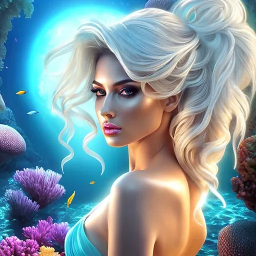 Prompt: HD 4k 3D 8k professional modeling photo hyper realistic beautiful woman ethereal greek goddess sea nymph 
white hair mixed skin gorgeous face ocean jewelry ocean tiara  mermaid tail full body surrounded by ambient glow hd landscape seals

