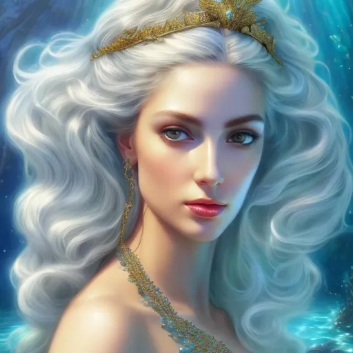 Prompt: HD 4k 3D, hyper realistic, professional modeling, ethereal Greek goddess of fresh water, white hair, mixed skin, gorgeous face, gorgeous mermaid, freshwater jewelry and headband, full body, ambient glow, lady of the lake, mermaid, landscape, detailed, elegant, ethereal, mythical, Greek, goddess, surreal lighting, majestic, goddesslike aura