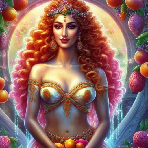 Prompt: HD 4k 3D, hyper realistic, professional modeling, ethereal Greek goddess of fruits, orange ombre hair, white skin, embroidered gown, gorgeous face, colorful jewelry and tiara, full body, ambient glow, beautiful goddess surrounded by fruits in spring, fruits and springtime,  detailed, elegant, ethereal, mythical, Greek, goddess, surreal lighting, majestic, goddesslike aura