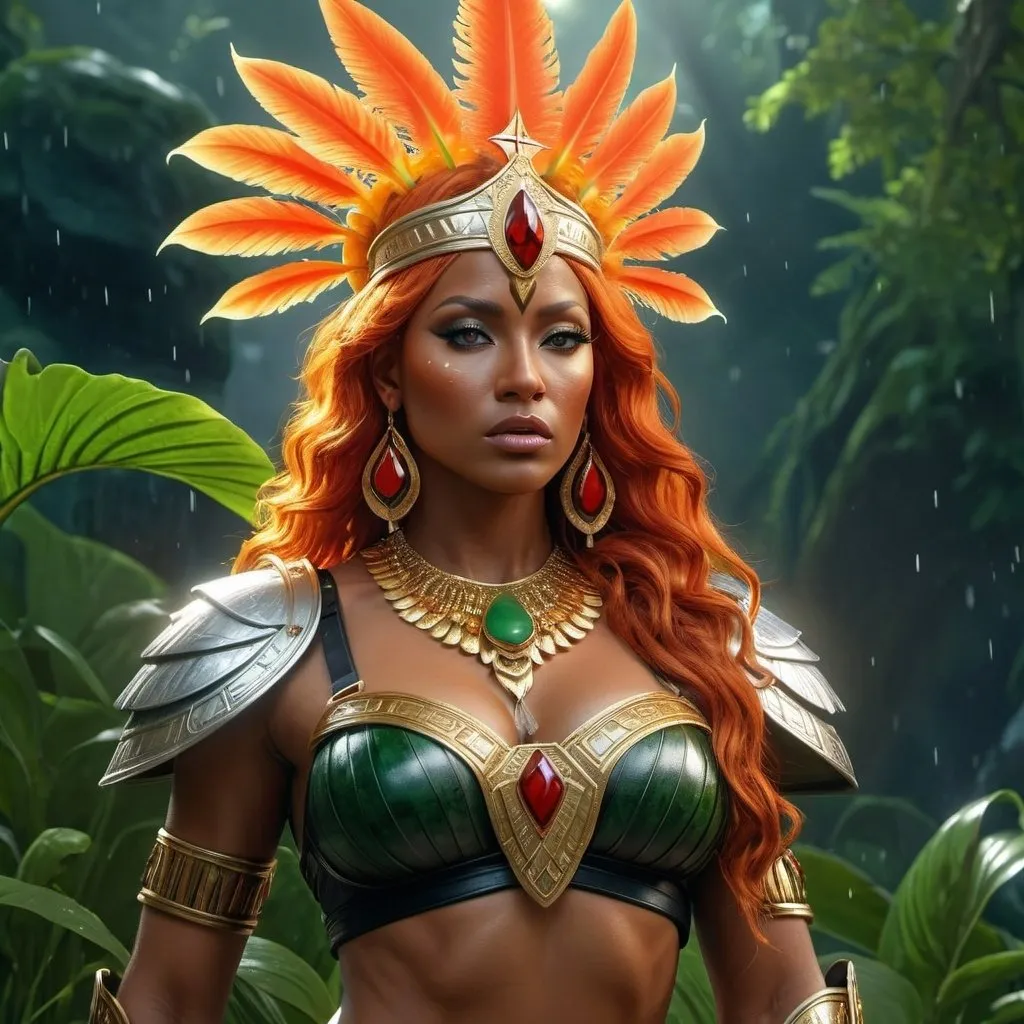 Prompt: HD 4k 3D, 8k, hyper realistic, professional modeling, ethereal Greek Goddess and Amazonian Queen, orange hair, black skin, gorgeous glowing face, Amazonian Warrior armor, red jade jewelry and crown and golden girdle, Amazon warrior, tattoos, full body, rainy green hills, adorned with cardinal feathers and gloriosa lilies, horses, surrounded by ambient divine glow, detailed, elegant, mythical, surreal dramatic lighting, majestic, goddesslike aura
