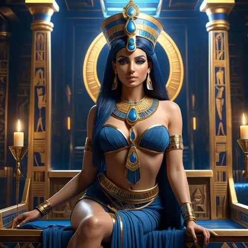 Prompt: HD 4k 3D, 8k, hyper realistic, professional modeling, ethereal Egyptian Goddess style, Ruler Goddess, beautiful, holding scepter,  glowing fair skin, dark blue hair, mythical regal gown, crown, full body, powerful, on throne on egyptian boat, Fantasy setting, surrounded by ambient divine glow, detailed, elegant, surreal dramatic lighting, majestic, goddesslike aura, octane render, artistic and whimsical