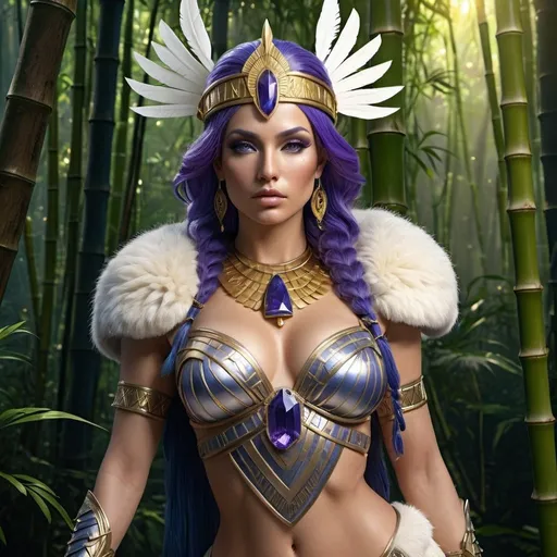 Prompt: HD 4k 3D, 8k, hyper realistic, professional modeling, ethereal Greek Goddess and Amazonian Queen, purple hair, ivory skin, gorgeous glowing face, Amazonian Warrior fur armor, sapphire jewelry and diadem, Amazon warrior, tattoos, full body, hunter, bamboo forest, surrounded by ambient divine glow, detailed, elegant, mythical, surreal dramatic lighting, majestic, goddesslike aura