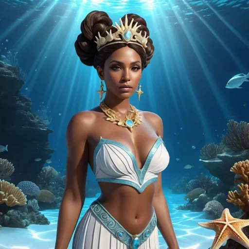 Prompt: HD 4k 3D, hyper realistic, professional modeling, ethereal Greek Sea Goddess and Princess, brunette double buns, dark skin, gorgeous face, mermaid, jasper jewelry and starfish crown, full body, Queen of the Sea, white goddess, powerful and strong, surrounded by divine glow, detailed, elegant, ethereal, mythical, Greek, goddess, surreal lighting, majestic, goddesslike aura