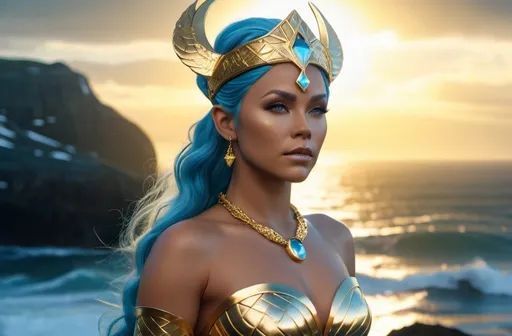 Prompt: Gullveig Norse Goddess of Gold,  hyper realistic, HD 4k 3D, professional modeling, ethereal, light blue updo hair, light brown skin, gorgeous face, gorgeous gold jewelry and headband, full body, in a chamber of gold, ambient glow, ocean landscape, detailed, elegant, ethereal, mythical, goddess, moody lighting, majestic, goddesslike aura, Norse Mythology