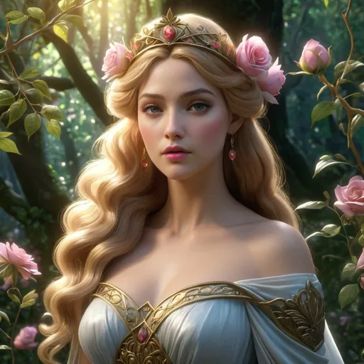 Prompt: HD 4k 3D, hyper realistic, professional modeling, enchanted French Princess - Briar Rose, beautiful, magical, gorgeous forest, flowers and fairies, detailed, elegant, ethereal, mythical, Greek goddess, surreal lighting, majestic, goddesslike aura