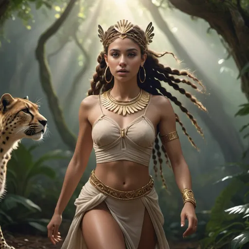 Prompt: HD 4k 3D, 8k, hyper realistic, professional modeling, ethereal Greek Goddess Cretan Princess, brown rope braided hair, brown skin, gorgeous face, athletic greek outfit, silver jewelry and headpiece, winged feet, sprinting through rainforest, cheetah companion, surrounded by ambient divine glow, detailed, elegant, ethereal, mythical, Greek, goddess, surreal lighting, majestic, goddesslike aura