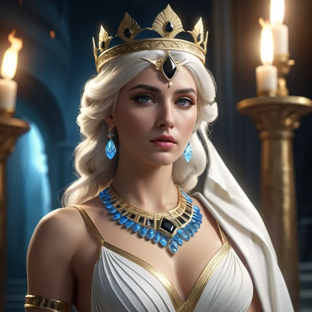 Prompt: HD 4k 3D, 8k, hyper realistic, professional modeling, ethereal Greek Goddess Princess of Sparta, white hair, white skin, gorgeous glowing face, colorful bridal dress, black gemstone jewelry and crown, standing in earthly paradise, surrounded by ambient divinity glow, detailed, elegant, mythical, surreal dramatic lighting, majestic, goddesslike aura