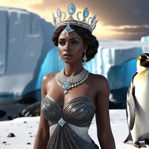 Prompt: HD 4k 3D, hyper realistic, professional modeling, ethereal Greek Muse of Memory, dark brown hair, black skin, gorgeous face, embellished shimmering dress, shiny jewelry and crown, full body, look of longing, Antarctica, cold landscape, penguins, detailed, elegant, ethereal, mythical, Greek, goddess, surreal lighting, majestic, goddesslike aura