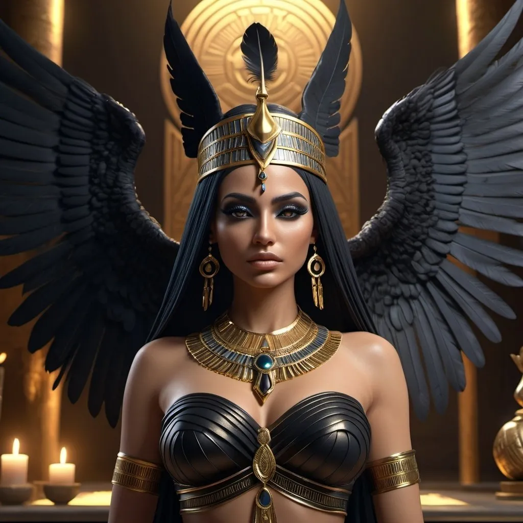 Prompt: HD 4k 3D, 8k, hyper realistic, professional modeling, ethereal Egyptian Goddess of Death, beautiful with black feather wings, glowing ivory skin, bronze hair, mythical dark outfit and jewelry, crown of death, full body, goddess of dark magic, Fantasy Underworld setting, surrounded by ambient divine glow, detailed, elegant, surreal dramatic lighting, majestic, goddesslike aura, octane render, artistic and whimsical