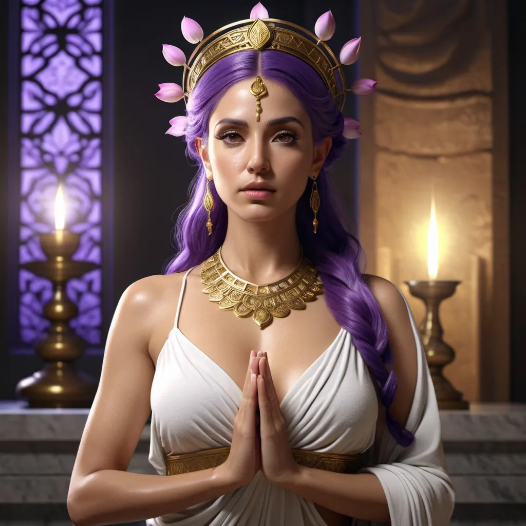 Prompt: HD 4k 3D, hyper realistic, professional modeling, ethereal Greek Muse of Meditation, bright purple hair, olive skin, gorgeous face, grecian robes, lotus jewelry and diadem, full body, embodiment of meditation, yoga pose, beautiful form, tranquility, detailed, elegant, ethereal, mythical, Greek, goddess, surreal lighting, majestic, goddesslike aura