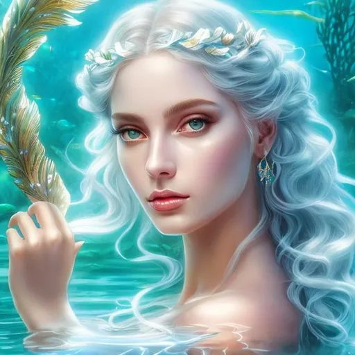 Prompt: HD 4k 3D, hyper realistic, professional modeling, ethereal Greek goddess of fresh water, white hair, mixed skin, gorgeous face, gorgeous mermaid, freshwater jewelry and headband, full body, ambient glow, lady of the lake, mermaid, landscape, detailed, elegant, ethereal, mythical, Greek, goddess, surreal lighting, majestic, goddesslike aura