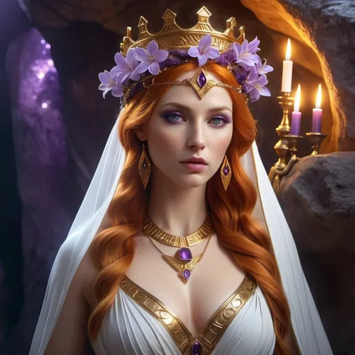 Prompt: HD 4k 3D, 8k, hyper realistic, professional modeling, ethereal Greek Goddess and Oracle of Delphi, orange hair, pale skin, gorgeous glowing face, high priestess white gown, purple veil, tourmaline jewelry and gold crown, cavern with fumes and vapors, mysterious cave adorned with oleander flowers, fortune teller and diviner, large python, surrounded by ambient divinity glow, detailed, elegant, mythical, surreal dramatic lighting, majestic, goddesslike aura